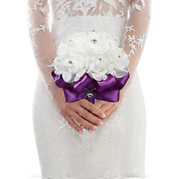 Kunstig Brudebuket, Rosebuket til Brud og Brudepiger med Krystaldiamant Bløde Bånd, Brudepiger Holder Blomster (lilla)