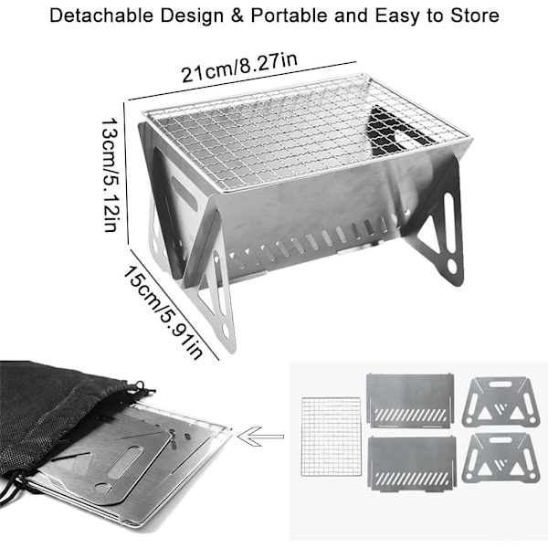 Mini kannettava hiiligrilli, pieni ruostumattomasta teräksestä valmistettu retkeilygrilli