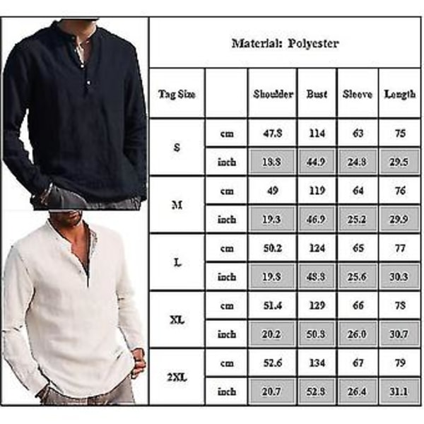 Herre Krageløs Langermet T-skjorte Bestefarskjorte Knapp Pullover Topper Høy Kvalitet (L Svart)
