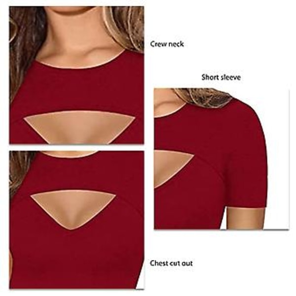 Dam Topp med Urringning Fram, Kortärmad, Bodycon, Slim Fit, Enfärgad, Andningsbar, Pullover T-shirt (XXL Vinröd)