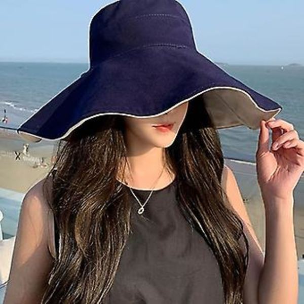 Solhatt för kvinnor, sommarstrand, UV-skydd, UPF, hopfällbar, bred brätte, haksnöre, kan bäras på båda sidor, stor bucket-hatt