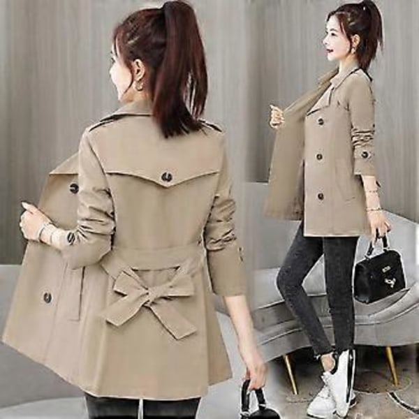 Vår Höst Trenchcoat Dam Kläder Slim Långärmad Kort Vindjacka med Bälte Casual Ytterkläder Kvinnliga Toppar Foder (S grön)