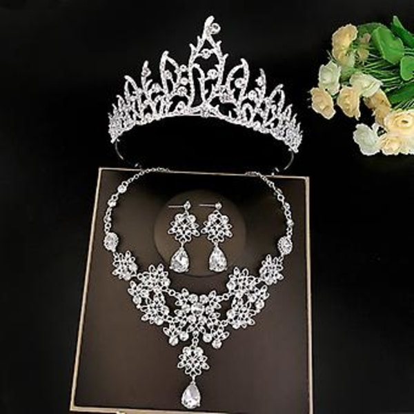 Brude Tiara Kronesæt med Øreringe Kit & Halskånd Håndlavet Luksus Krystal Hårtilbehør til Fest Prom Ny(14 )