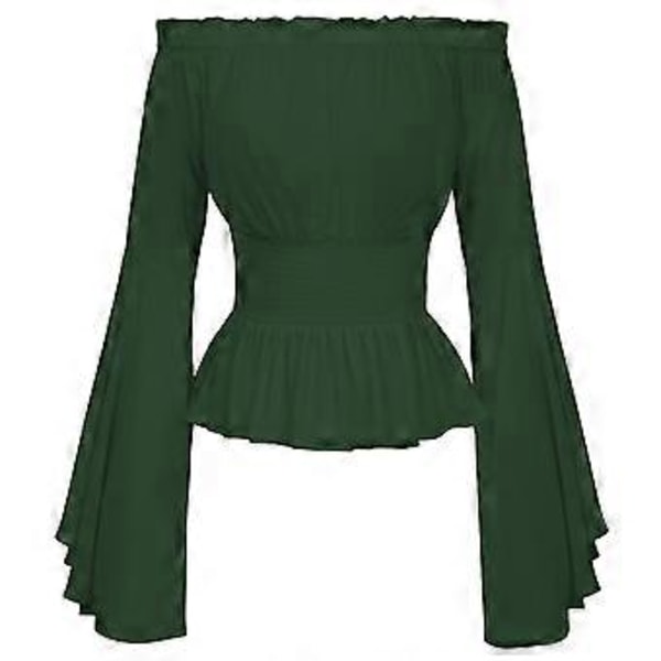 Kvinners renessansebluse, enkel elastisk midje, topp, middelaldersk viktoriansk, off shoulder, langærmet skjorte, pirat cosplay-kostyme (L Grønn)