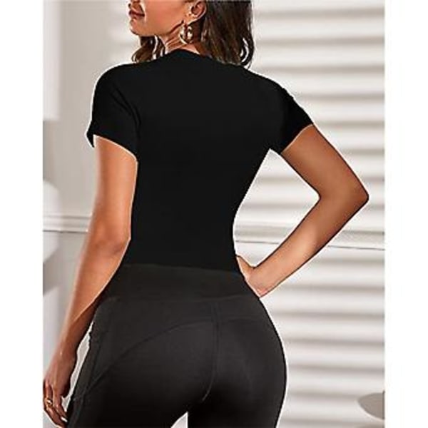 Kvindes Bluser med Udsnit Foran Kortærmet Bodycon Slim Fit Ren Farve Åndbar Trøje (XXL Sort)