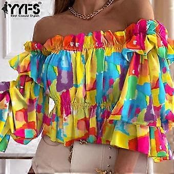 YYFS Dammode Sommar Blusar & Skjortor med En Axel (L grön,blå)