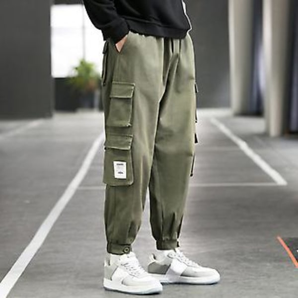 Män Cargo Byxor Ankelbandade Flera Fickor Enfärgad Elastisk Midja Lös Varma Hip Hop Plus Storlek Våryxor för Skola (XL Grå)