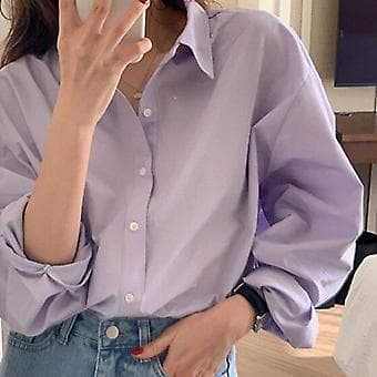 Dame Skjorte med Knapper Langærmet Plus Size Simpel Mode Skjorte Bluse (S)