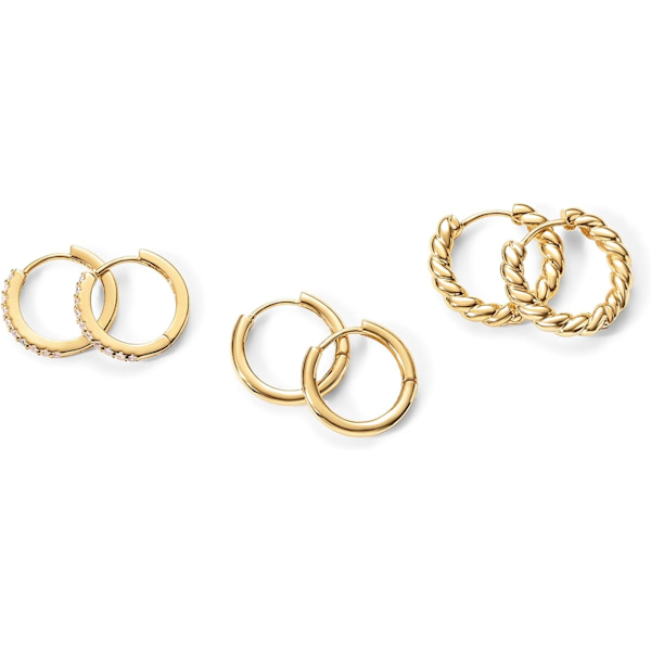 Förgyllda stolpar 3 par små örhängen set | Cubic Zirconia Plain Rope Huggie Hoops för kvinnor | Lätta örhängen