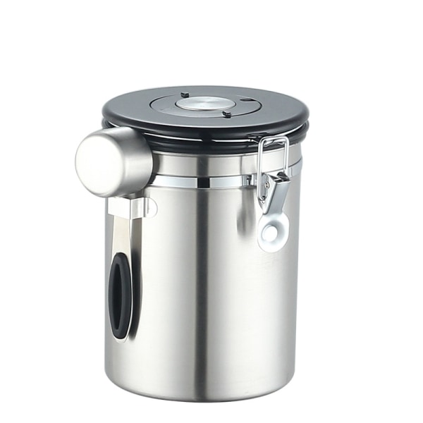 Silver stainless steel coffee can with spoon, 1.5L sealed coffee