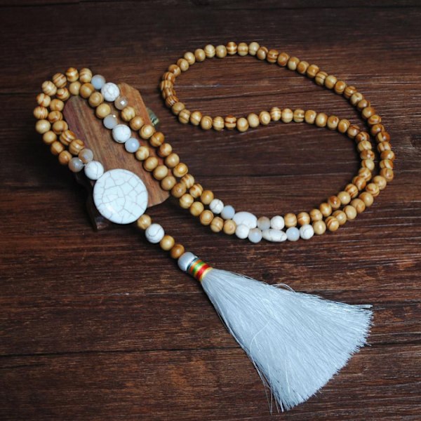 Halsband Lång Tassel Handgjord Vit Turkos Kvinnor Bohémisk Tass