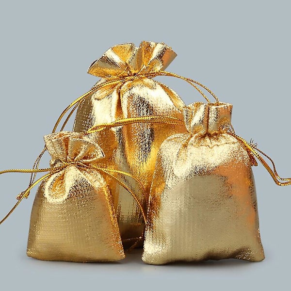 100 stk. Guld Sølv Organza Pose Smykker Emballage Pose Bryllup Fest Gunst slikposer Snøre Gaveposer 9x12cm Guld