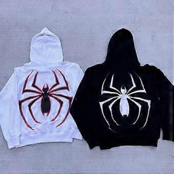 Mörk Spindeltryckt Hoodie Pullover Tröja High Street Retro Lös Hip Hop Punk Kpop Dans Vinterkläder Långärmad Topp (XL Vit)