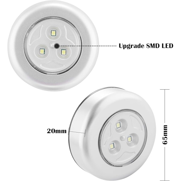 Sett med 6 LED-spotlamper med selvklebende nattbelysning, drevet av 3 batterier