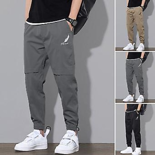 Män Byxor med Mellanhögt Midja, Elastisk Midjeband, Logotyptryck, Fickor, Enfärgad, Casual, Joggingbyxor, Streetwear (3XL Mörkgrå)
