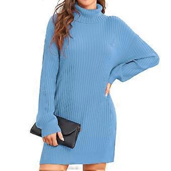 Kvinnors Turtleneck Stickad Klänning Höst Vinter Casual Lös Lång Puffärm Ribbstickad Pullover Klänning (XS Ljusblå)