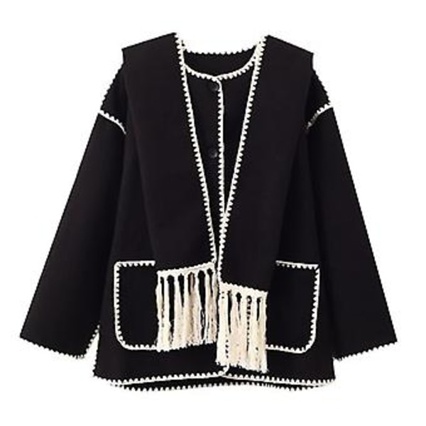Mode Single-breasted Tassel Scarf Kavaj Fritids Tjock Långärmad Kavaj för Höst Vinter (S Svart eller Vit)