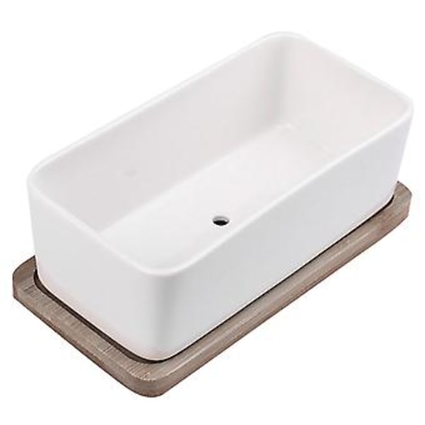 1 Set Keramiikka Soikea Kukkaruukku Bambutarjotin kanssa Mehikasvien Istutusastia Puutarha Bonsai Ruukku Kukkaruukku Valkoinen (1 kpl Kukkaruukku 1 kpl Bambutarjotin)