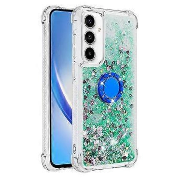 Samsung Galaxy A35 5G TPU -kotelo jalustalla, liikkuva hiekka, iskunkestävä suojakuori (Vihreä/Sydämet)