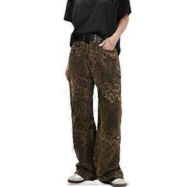 Naisten Leopardikuvioiset Jeans-housut Streetwear-alaosa Suorat Lahkeet Denim Löysät Housut (XL)