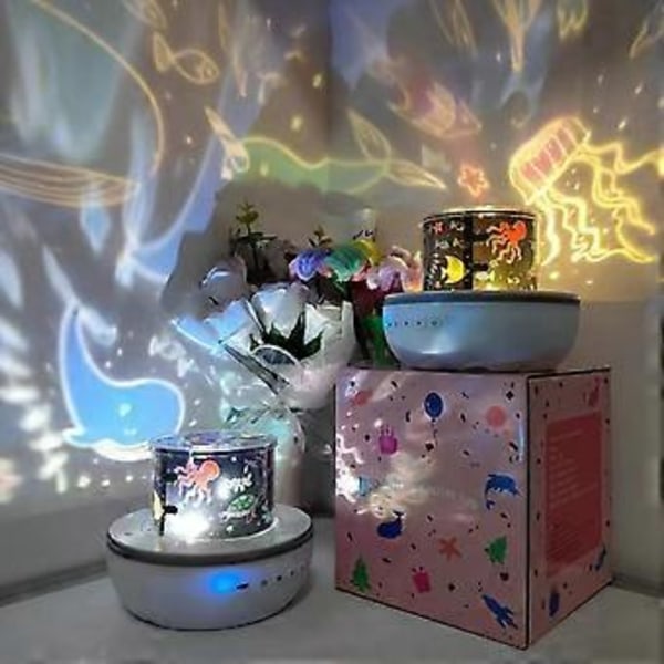 Stjernehimmel Projektor Lampe – 360° Roterende LED Lys med 6 Projektionsfilm til Baby Natlampe og Gaver