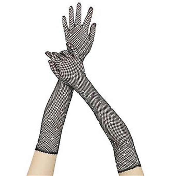 Mesh Långa Handskar Fiskgarn Långa Handskar Kvinnor Danshandskar Strass Långa Handskar (Svart)