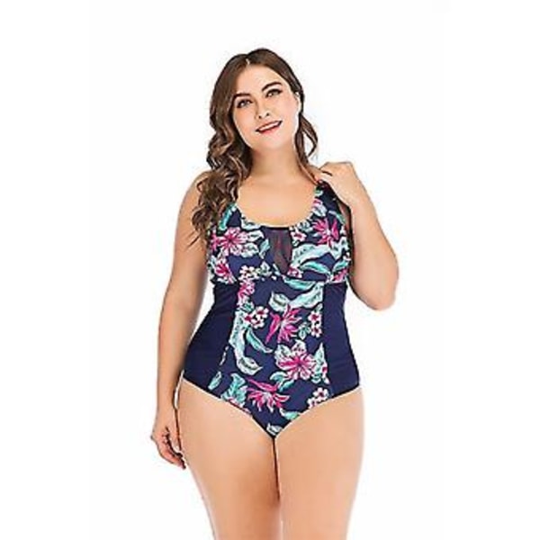 Baddräkt för flickor, Europa och Amerika, storlek plus, konservativt tunn, slim fit, siamesisk triangel, dambadkläder, 4XL, Blå bakgrund med röda blommor