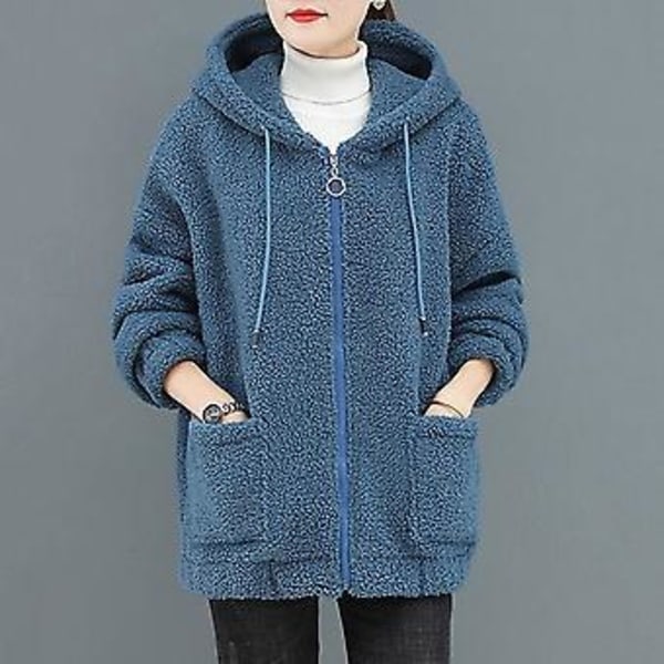 Tyk, varm lammefrakke til kvinder i plus størrelse med hætte, lynlås og cardigan-hoodie (3XL Blå)