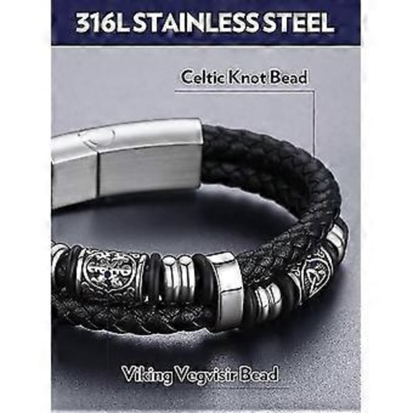 Mænds Dobbelt Række Sort Flettet Læder Armbånd Rustfrit Stål Perler Dobbelt Lag Læder Snøre Armbånd Armbånd Gave Til Mænd, 21cm