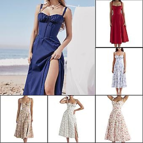 Modetryckt Bustier-Sommarklänning med Snörning och Spets, Ärmlös Klänning för Kvinnor (XL Röd Blomma)