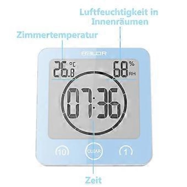 Badeværelsesur med termometer og hygrometer til brusebad, madlavning og makeup