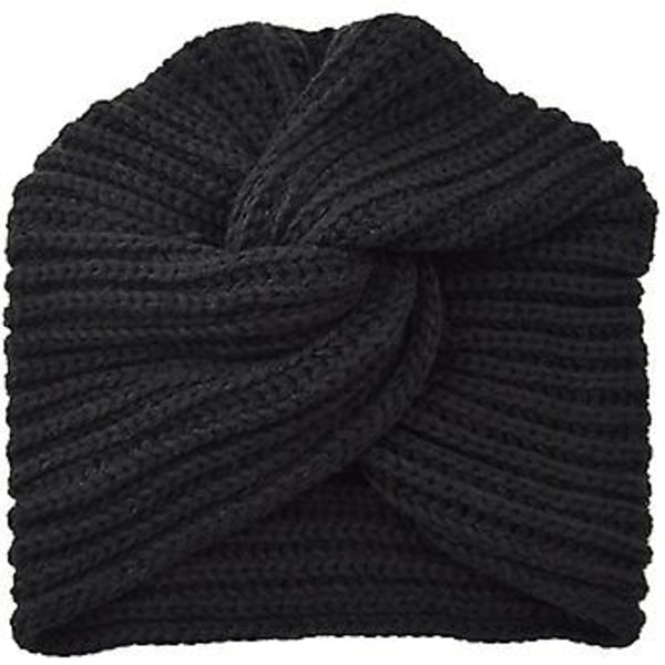 Vinterturban i stickad ull för kvinnor - Korsad, vriden, wrap-mössa, beanie, pannband (Svart)