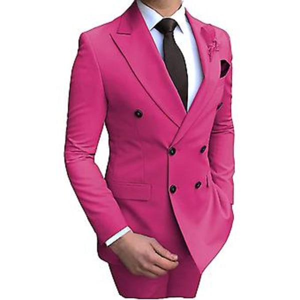 Herrar Dubbelknäppt Blazer Kostym 2 Delar Slim Fit Bröllop Brudgum Tuxedo Peak Lapel Formell Bal Kostymer (52 Fuchsia)