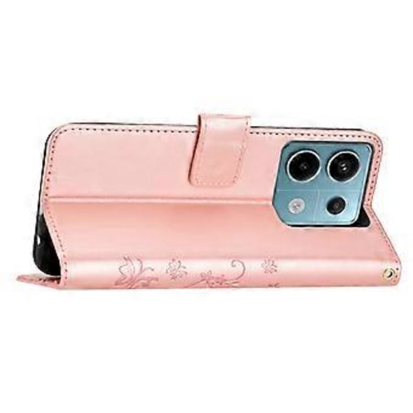 Fodral för Xiaomi Redmi Note 13 Pro 5G/Poco X6 5G Läderplånbok Skydd Fjäril Tryckt (Roséguld)