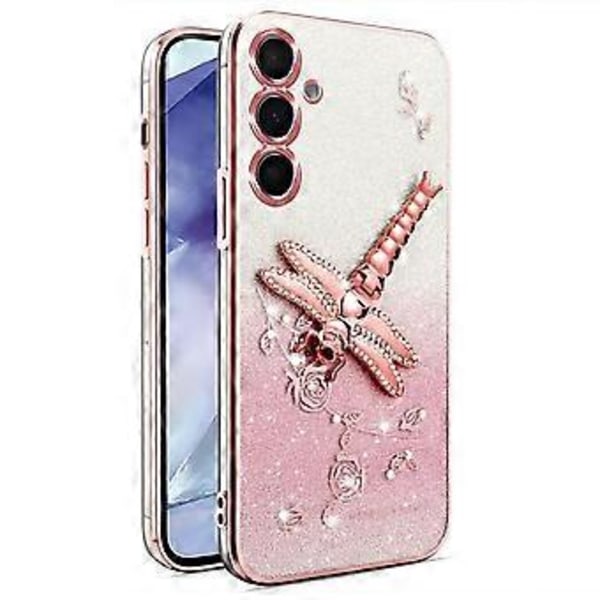 KADEM Deksel til Samsung Galaxy A15 5G/4G med Libelle Stativ TPU Blomster Glitter Telefondeksel (Stil A)