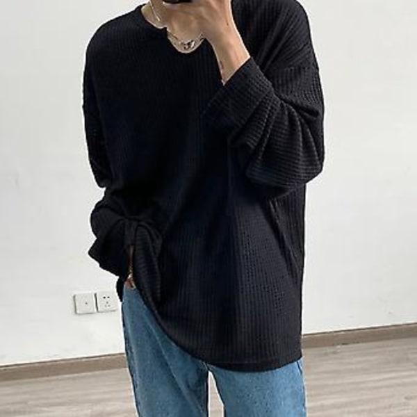 Miesten kevät-syksy O-kaula pitkähihainen pusero Yksivärinen löysä Waffle-tekstuuri T-paita Streetwear (2XL Musta)