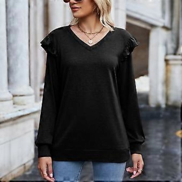 Løs afslappet flyveærme flæse V-hals langærmet T-shirt sort (L)