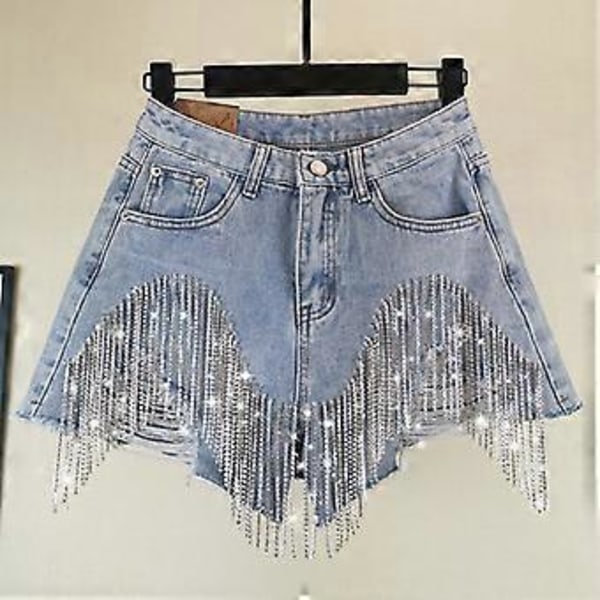 Sommar Jeansshorts med Riv Effekter Femme Hög Midja Diamant Tofs Y2k Casual Underdelar För Damer Denimshorts Damkläder Mode