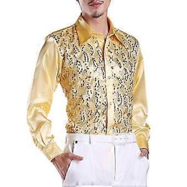 Herre Luksus Pailletter Performance Skjorte Revers Langærmet Enkeltknappet Bryllupsscene Skjorte Slim Fit Formel Casual Skjorte Toppe (XL gylden)