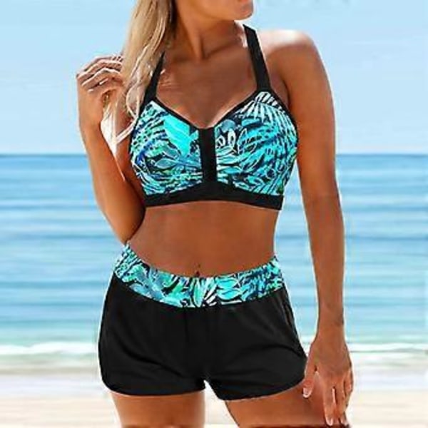 Naisten Uimapuku Bikini 2-osainen Selästä Avoin Riimutoppi Rantavaatteet Sininen Kirjailtu Aalto-kuvioinen Uima-asu (2XL vaaleansininen)