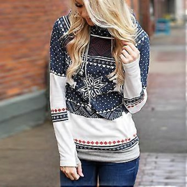 Dametøj Jule Reindeer Print Hoodies Langærmet Hættetrøje Trøje Jule Casual Jumper Tops Med Lommer (M Blå)