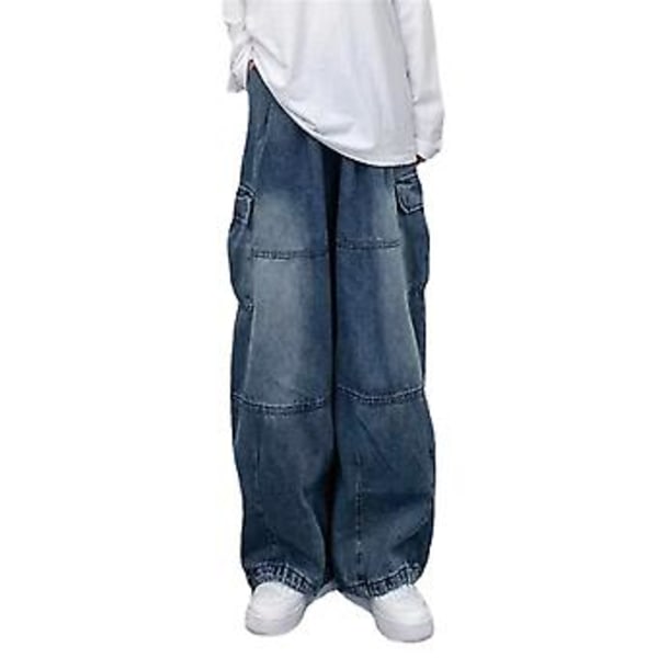 Män Baggy Cargo Jeans Flera Fickor Enfärgad Blixtlås Flyg Lösa Raka Vida Ben Byxor Höst Denim Byxor Streetwear (2XL Blå)