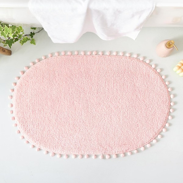 Badrumsmatta Blush Rosa Matta med Pom Oval Badrumsmattor för Sovrum Halkfri Söt Boho Absorberande Mattor Mjuk Plysch Tvättbar Ru