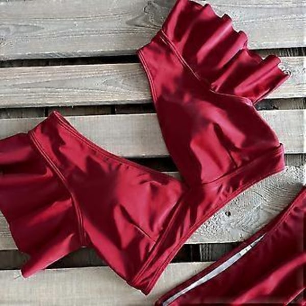 QQDD Dame Flæse Høj Talje Badedragt Todelt Push Up Tropisk Print Bikini (L Ensfarvet Rød)