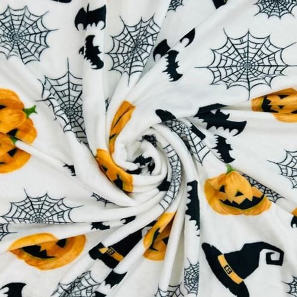 Haunted Halloween Fleece Tæppe: Edderkoppespind Heksehat Sorte Flagermus og Dekorerede Græskar Print på Blødt Fløjl F