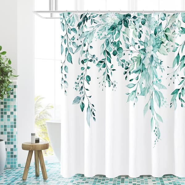 Teal Eucalyptus Duschdraperi, Akvarell Växtblad och Blommor