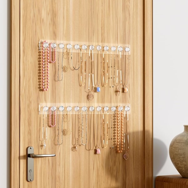 Akryl Halskædeholder 2 Pak, Vægmonterede Smykkeophæng med 12 Diamantformede Kroge til Halskæder, Armbånd og Armringe Display Stativ