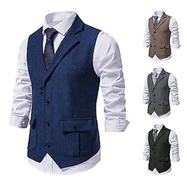 Väst för herr, enfärgad, slim fit, nedåtvänd krage, vår/höst, enkelknäppt, fickor, för vandring (S marinblå)