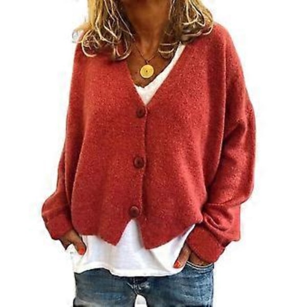 Dame Sweater Frakke V-Hals Langærmet Enkeltknappet Strik Sweater Ensfarvet Løs Pasform Sweater Cardigan (S blå)