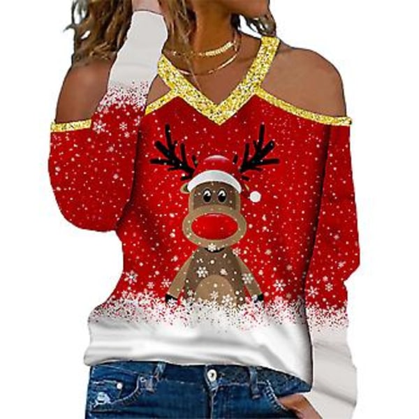 Julklappskjol för kvinnor med lång ärm, kall axel, tryckt blus topp (4XL Julguld)